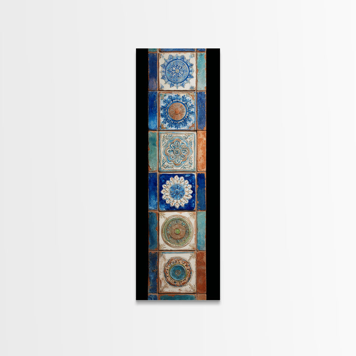 Blue and White Tile Pattern Framed Canvas Print, Mediterranean Art, Printable Wall Art, Living Room Decor, Fine Art, Azure, MAR-1x3-64
