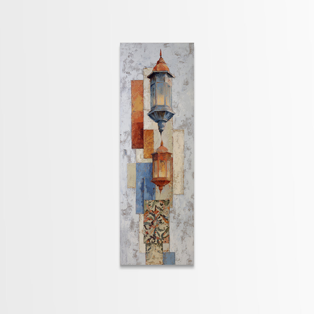 Moroccan Influenced Lantern Framed Canvas Print, Mediterranean Art, Travel Poster, Living Room Decor, Oil Painting, Azure, MAR-1x3-69