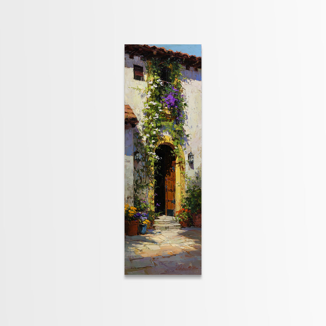 Sunlit Courtyard Doorway Framed Canvas Print, Mediterranean Art, Farmhouse Decor, Living Room Decor, Fine Art, Azure, MAR-1x3-71