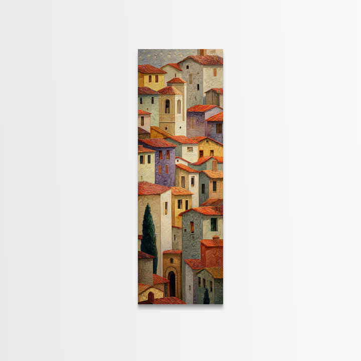 Sunset over Red Tiled Rooftops Framed Canvas Print, Mediterranean Art, Digital Print, Living Room Decor, Fine Art, Azure, MAR-1x3-83