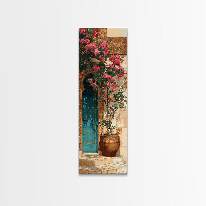 Bougainvillea Cascading over Stone Wall Canvas Print, Mediterranean Art, Watercolor Painting, Living Room Decor, Azure, MAR-1x3-89