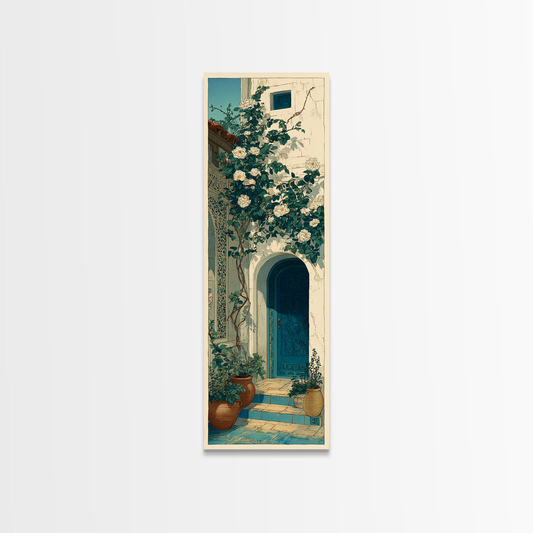 Sunlit Courtyard Doorway Canvas Print, Mediterranean Art, Nautical Decor, Living Room Decor, Oil Painting, Azure, MAR-1x3-95