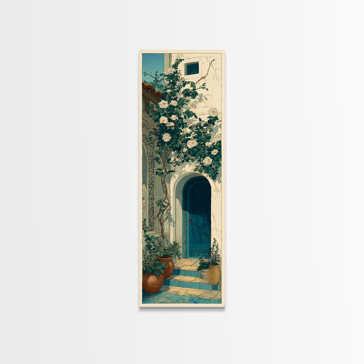 Sunlit Courtyard Doorway Canvas Print, Mediterranean Art, Nautical Decor, Living Room Decor, Oil Painting, Azure, MAR-1x3-95