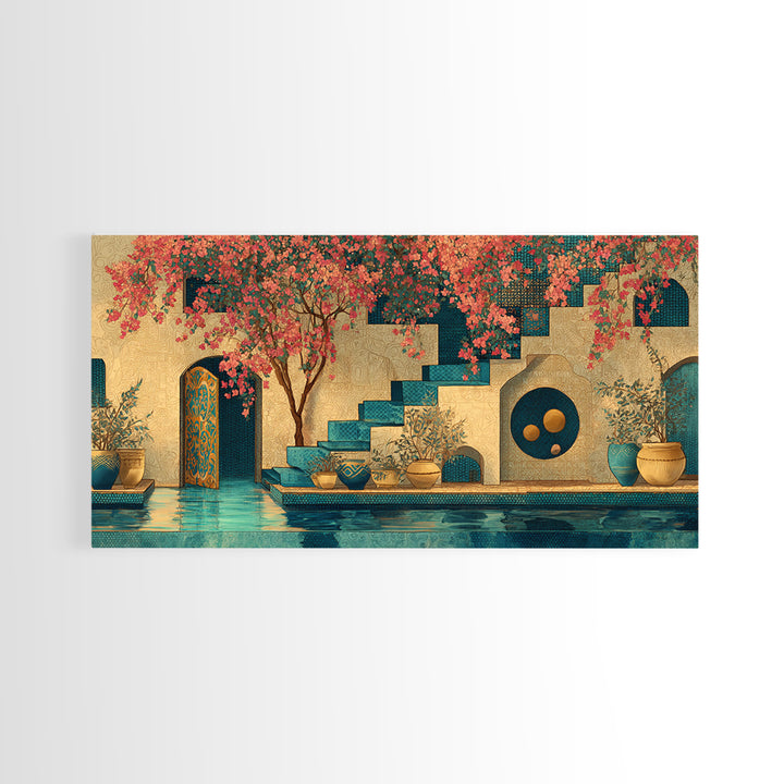 Bougainvillea Cascading over Stone Wall Framed Canvas Print, Mediterranean Art, Art Print, Living Room Decor, Fine Art, Azure, MAR-2x1-1