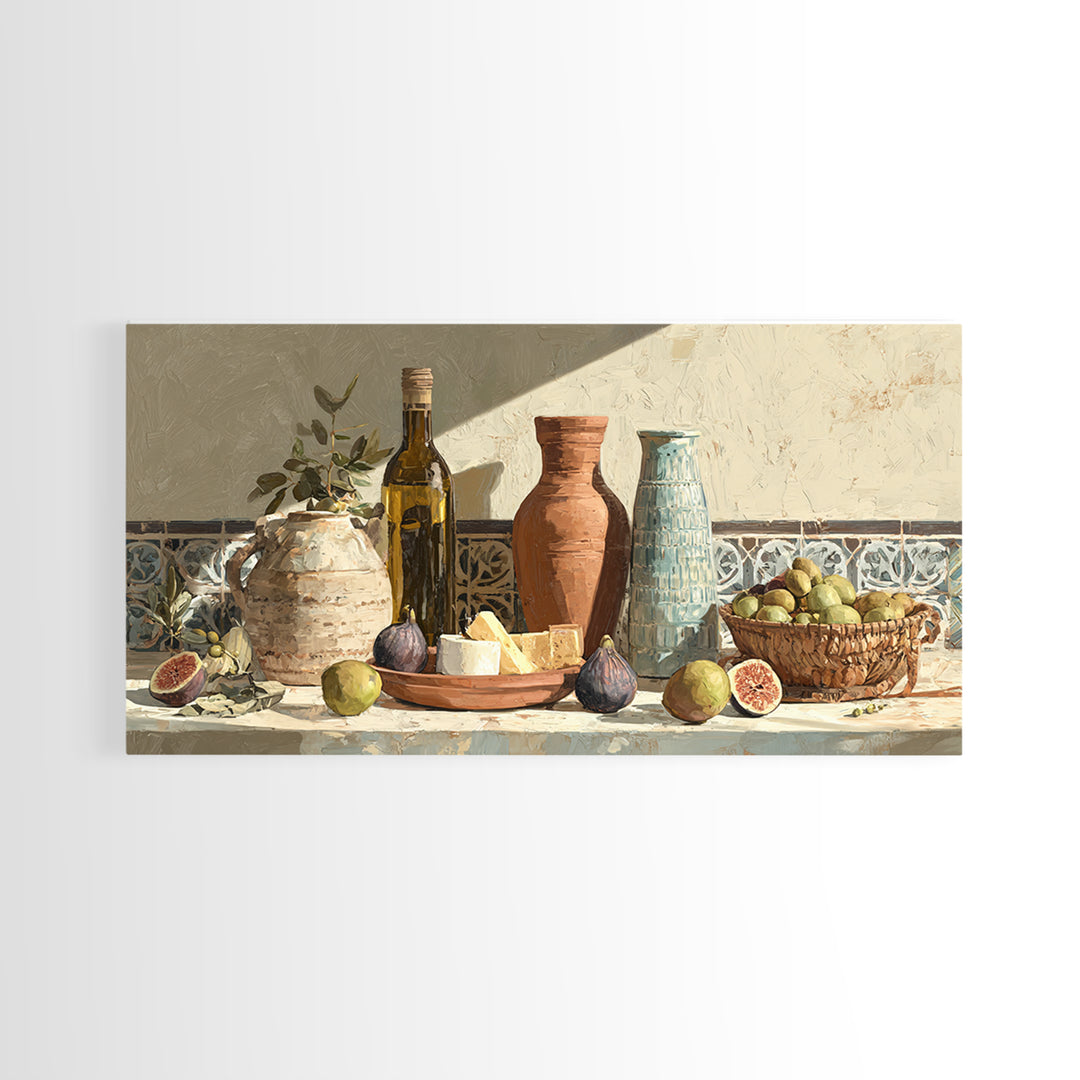 Figs Olives and Cheese Still Life Framed Canvas Print, Mediterranean Art, Minimalist Wall Art, Living Room Decor, Azure, MAR-2x1-100