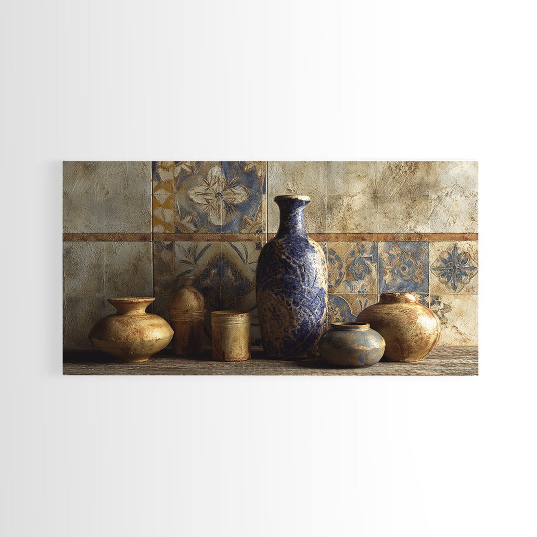 Spanish Tile Ornament Framed Canvas Print, Mediterranean Art, Luxury Decor, Living Room Decor, Fine Art, Azure, Framed Wall Art, MAR-2x1-12