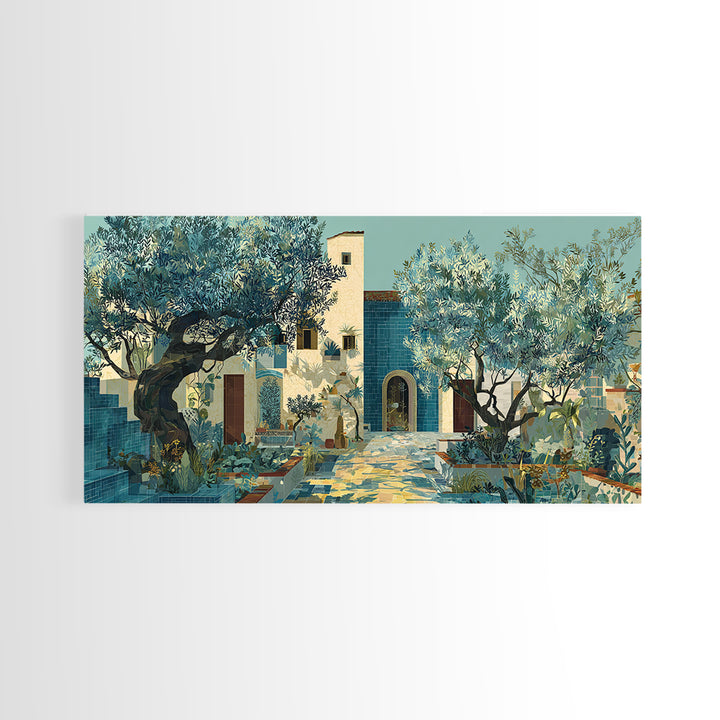 Olive Grove under Pale Morning Light Framed Canvas Print, Mediterranean Art, Boho Decor, Living Room Decor, Fine Art, Azure, MAR-2x1-13