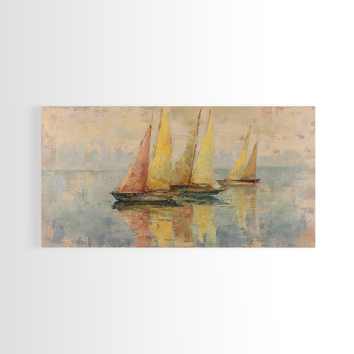Mediterranean Sailboat on Glassy Water Framed Canvas Print, Mediterranean Art, Travel Poster, Living Room Decor, Watercolor Art, MAR-2x1-14