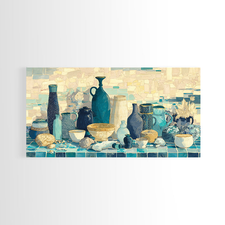 Coastal Cliffs with Sparkling Blue Water Framed Canvas Print, Mediterranean Art, Modern Decor, Living Room Decor, Azure, MAR-2x1-16