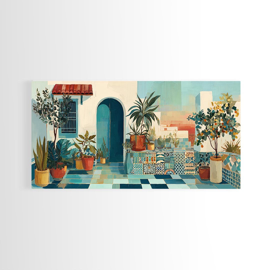 Sunset over Red Tiled Rooftops Framed Canvas Print, Mediterranean Art, Gallery Wall Art, Living Room Decor, Fine Art, Azure, MAR-2x1-19