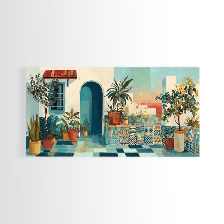 Sunset over Red Tiled Rooftops Framed Canvas Print, Mediterranean Art, Gallery Wall Art, Living Room Decor, Fine Art, Azure, MAR-2x1-19