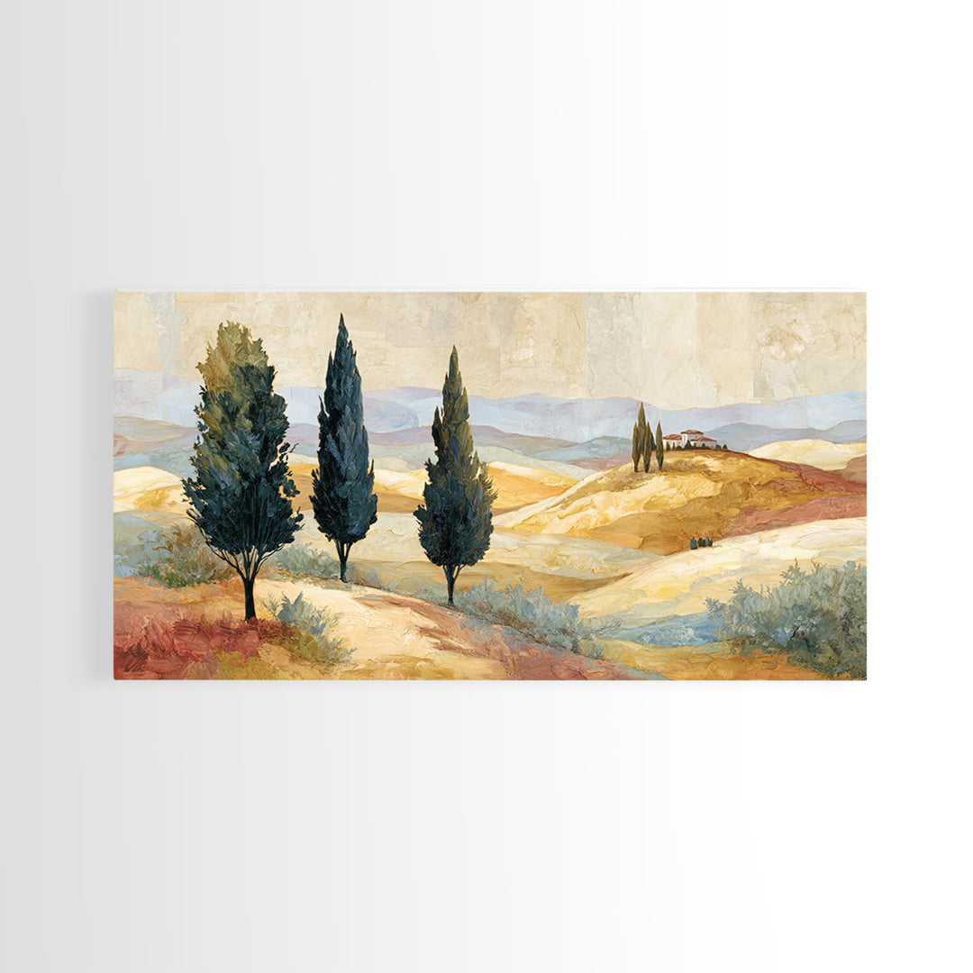 Tuscan Cypress Trees and Golden Hillside Canvas Print, Mediterranean Art, Neutral Decor, Living Room Decor, Abstract Art, Azure, MAR-2x1-2