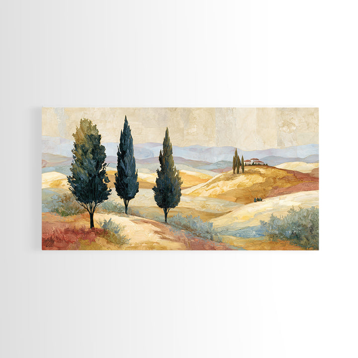 Tuscan Cypress Trees and Golden Hillside Canvas Print, Mediterranean Art, Neutral Decor, Living Room Decor, Abstract Art, Azure, MAR-2x1-2