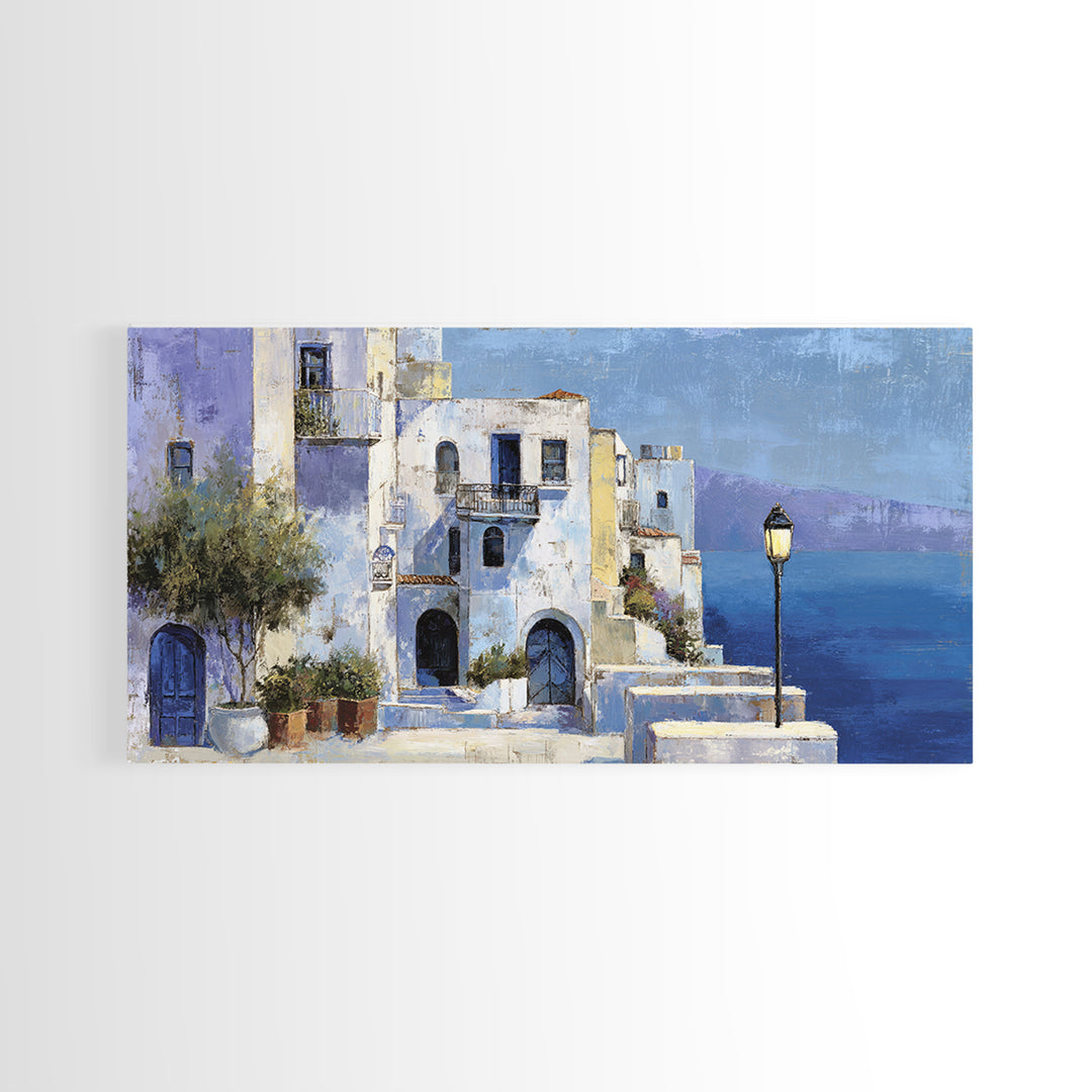 Greek Island White Buildings Above Blue Sea Canvas Print, Mediterranean Art, Luxury Decor, Living Room Decor, Oil Painting, MAR-2x1-21