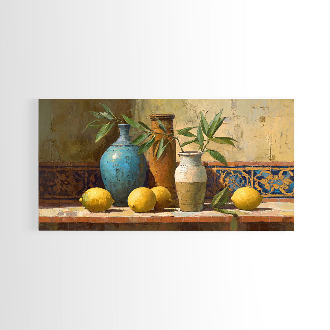 Olive Branch and Lemons on Terracotta Ground Canvas Print, Mediterranean Art, Wall Decor, Living Room Decor, Fine Art, Azure, MAR-2x1-22