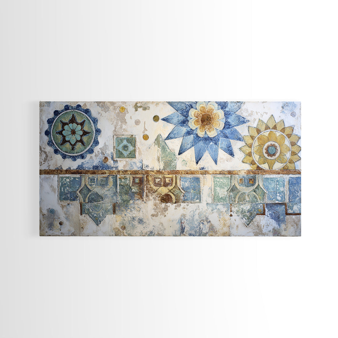 Blue and White Tile Pattern Framed Canvas Print, Mediterranean Art, Textured Painting, Living Room Decor, Fine Art, Azure, MAR-2x1-24