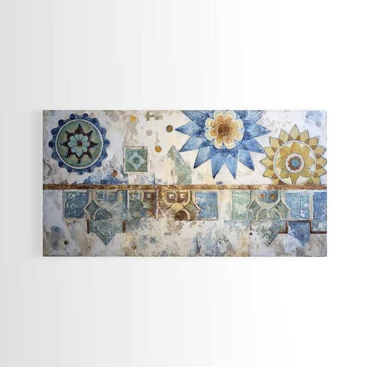 Blue and White Tile Pattern Framed Canvas Print, Mediterranean Art, Textured Painting, Living Room Decor, Fine Art, Azure, MAR-2x1-24