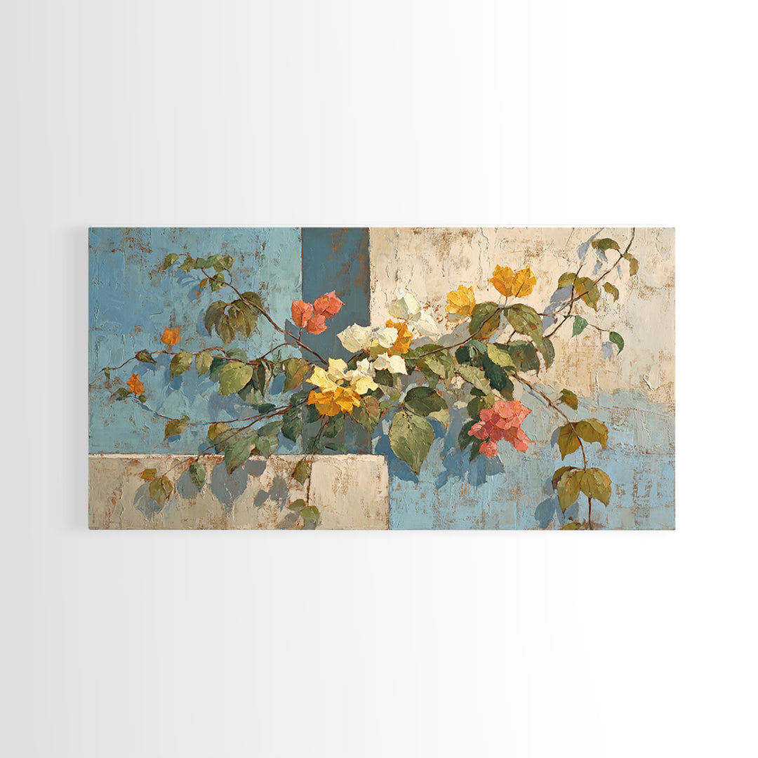 Bougainvillea Cascading over Stone Wall Framed Canvas Print, Mediterranean Art, Art Print, Living Room Decor, Fine Art, Azure, MAR-2x1-25