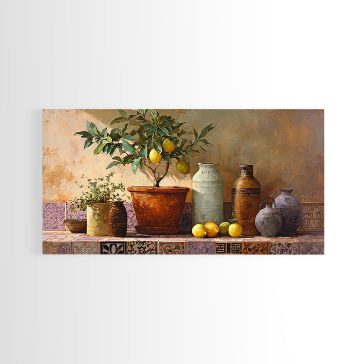 Citrus Tree in Clay Pot Framed Canvas Print, Mediterranean Art, Modern Decor, Living Room Decor, Fine Art, Azure, MAR-2x1-30