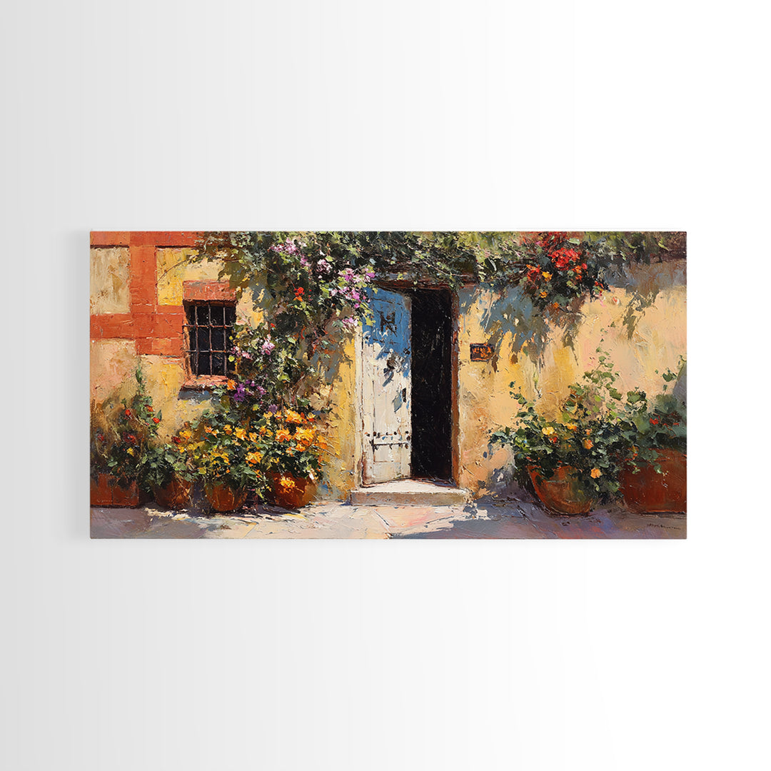Sunlit Courtyard Doorway Canvas Print, Mediterranean Art, Large Wall Art, Living Room Decor, Azure, Digital Art Prints, MAR-2x1-31