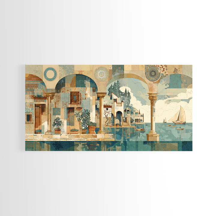 Ancient Column with Sea and Sky Beyond Canvas Print, Mediterranean Art, Minimalist Decor, Living Room Decor, Oil Painting, MAR-2x1-32