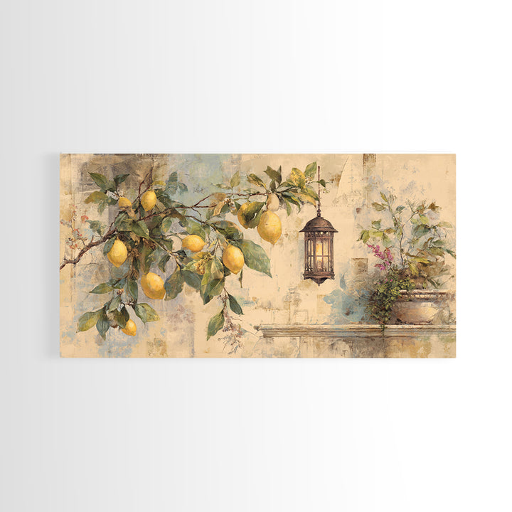 Sicilian Lemon Branch on Ivory Background Canvas Print, Mediterranean Art, Statement Artwork, Living Room Decor, Azure, MAR-2x1-33
