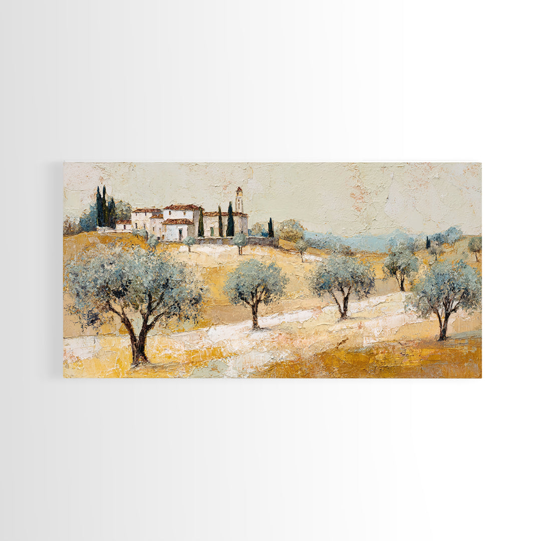 Olive Grove under Pale Morning Light Framed Canvas Print, Mediterranean Art, Boho Decor, Living Room Decor, Fine Art, Azure, MAR-2x1-37