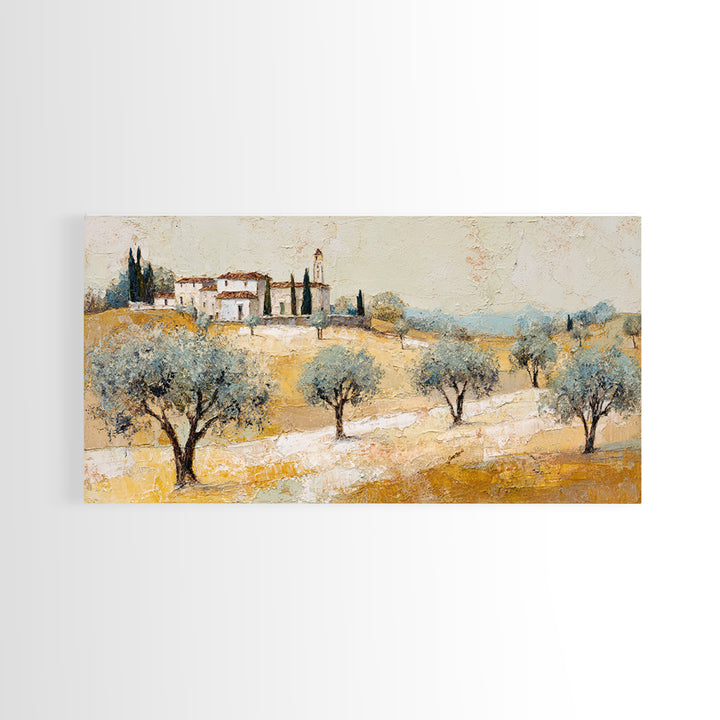 Olive Grove under Pale Morning Light Framed Canvas Print, Mediterranean Art, Boho Decor, Living Room Decor, Fine Art, Azure, MAR-2x1-37