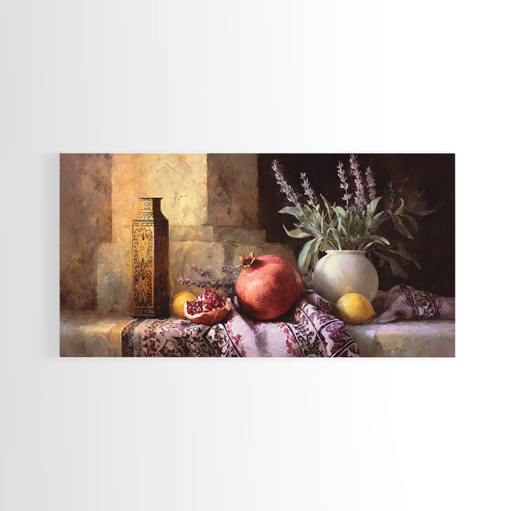 Pomegranate Still Life Canvas Print, Mediterranean Art, Living Room Decor, Oil Painting, Azure, Modern Wall Art, MAR-2x1-39
