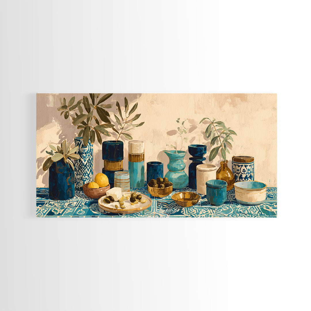 Figs Olives and Cheese Still Life Canvas Print, Mediterranean Art, Boho Decor, Living Room Decor, Azure, Digital Wall Art, MAR-2x1-4