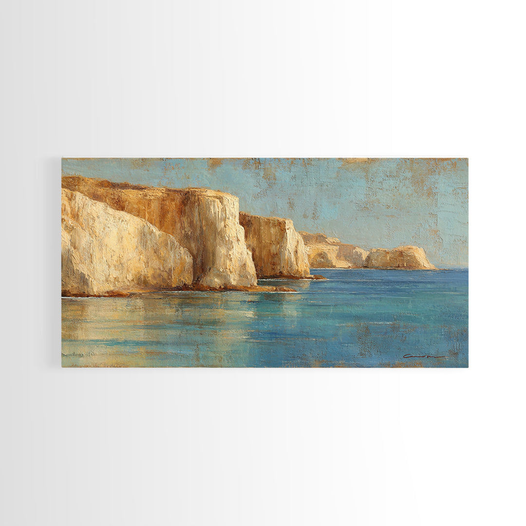 Coastal Cliffs with Sparkling Blue Water Framed Canvas Print, Mediterranean Art, Home Decor, Living Room Decor, Fine Art, Azure, MAR-2x1-40