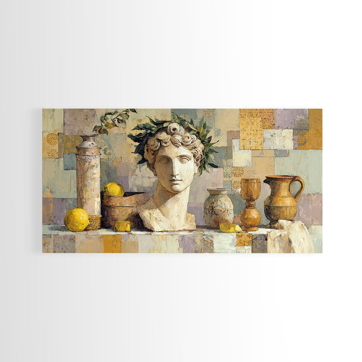 Roman Statue Bust Framed Canvas Print, Mediterranean Art, Gallery Decor, Living Room Decor, Fine Art, Azure, Minimalist Decor, MAR-2x1-42