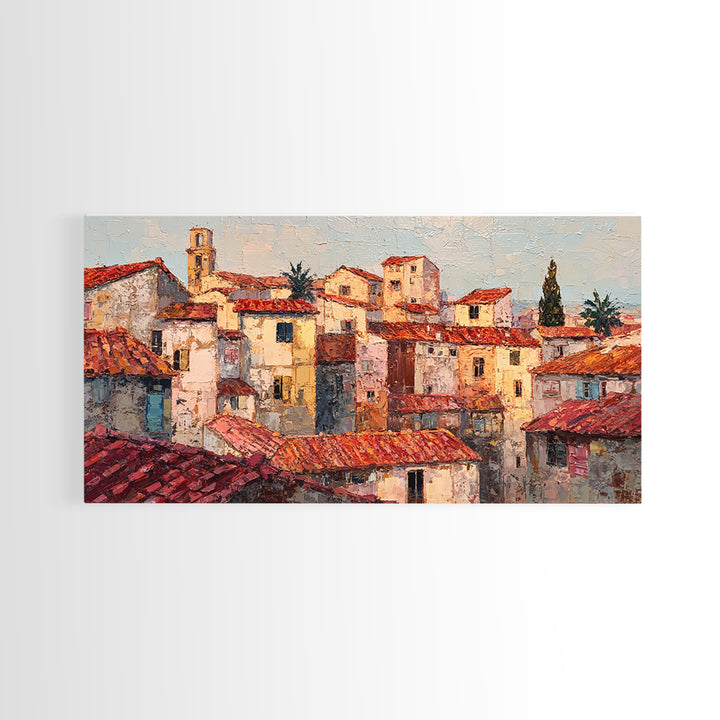 Sunset over Red Tiled Rooftops Framed Canvas Print, Mediterranean Art, Original Painting, Living Room Decor, Fine Art, Azure, MAR-2x1-43
