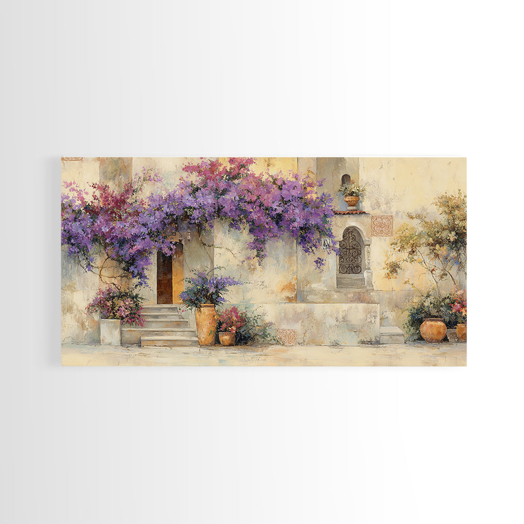 Bougainvillea Cascading over Stone Wall Canvas Print, Mediterranean Art, Home Decor, Living Room Decor, Fine Art, Azure, MAR-2x1-49
