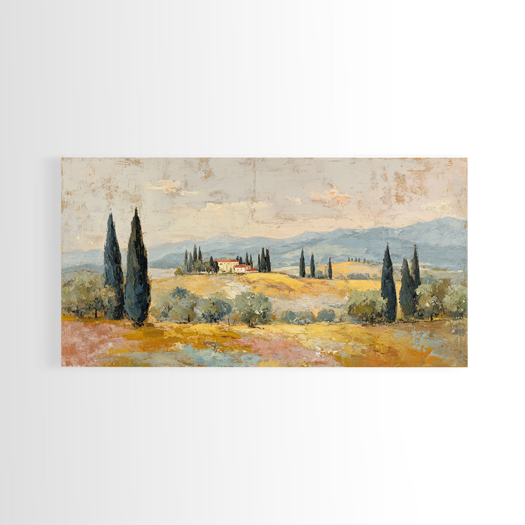 Tuscan Cypress Trees and Golden Hillside Framed Canvas Print, Mediterranean Art, Luxury Decor, Living Room Decor, Azure, MAR-2x1-50
