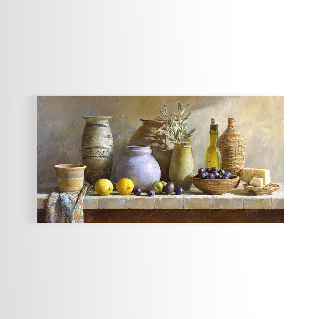 Figs Olives and Cheese Still Life Canvas Print, Mediterranean Art, Oil Painting, Living Room Decor, Azure, Nautical Decor, MAR-2x1-52