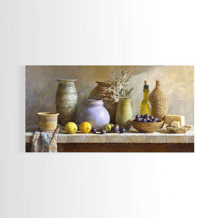 Figs Olives and Cheese Still Life Canvas Print, Mediterranean Art, Oil Painting, Living Room Decor, Azure, Nautical Decor, MAR-2x1-52