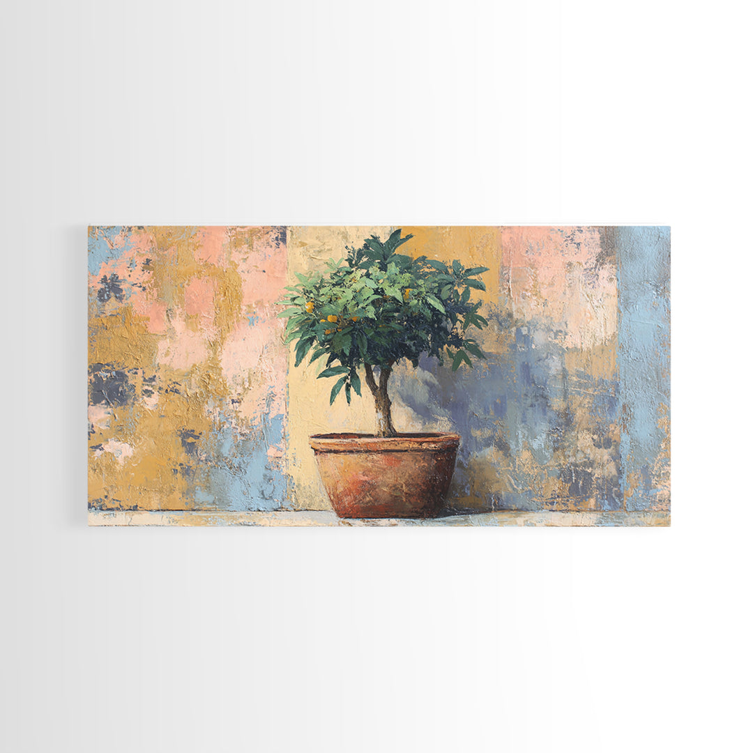 Citrus Tree in Clay Pot Framed Canvas Print, Mediterranean Art, Modern Decor, Living Room Decor, Fine Art, Azure, MAR-2x1-6