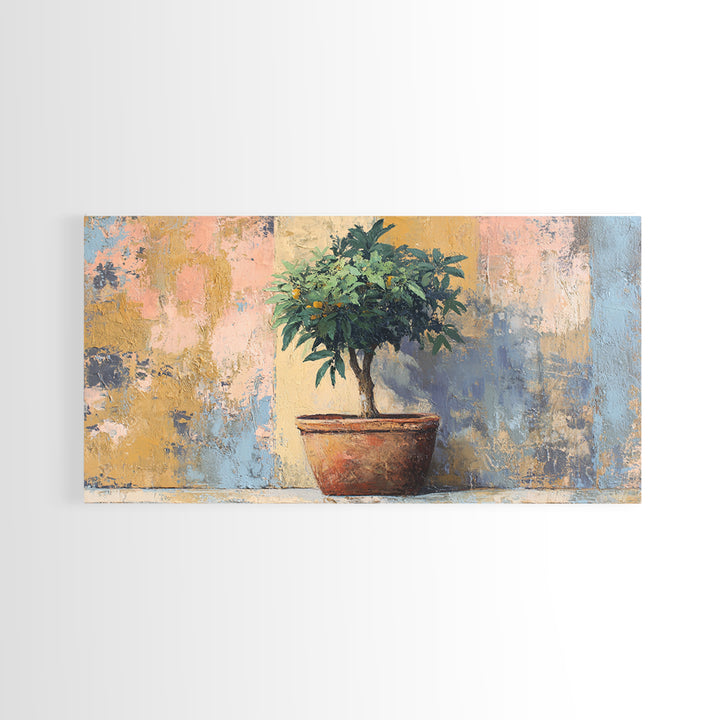 Citrus Tree in Clay Pot Framed Canvas Print, Mediterranean Art, Modern Decor, Living Room Decor, Fine Art, Azure, MAR-2x1-6