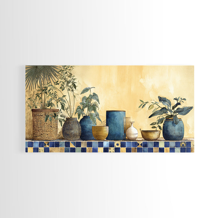 Spanish Tile Ornament Framed Canvas Print, Mediterranean Art, Large Wall Art, Living Room Decor, Oil Painting, Azure, MAR-2x1-60