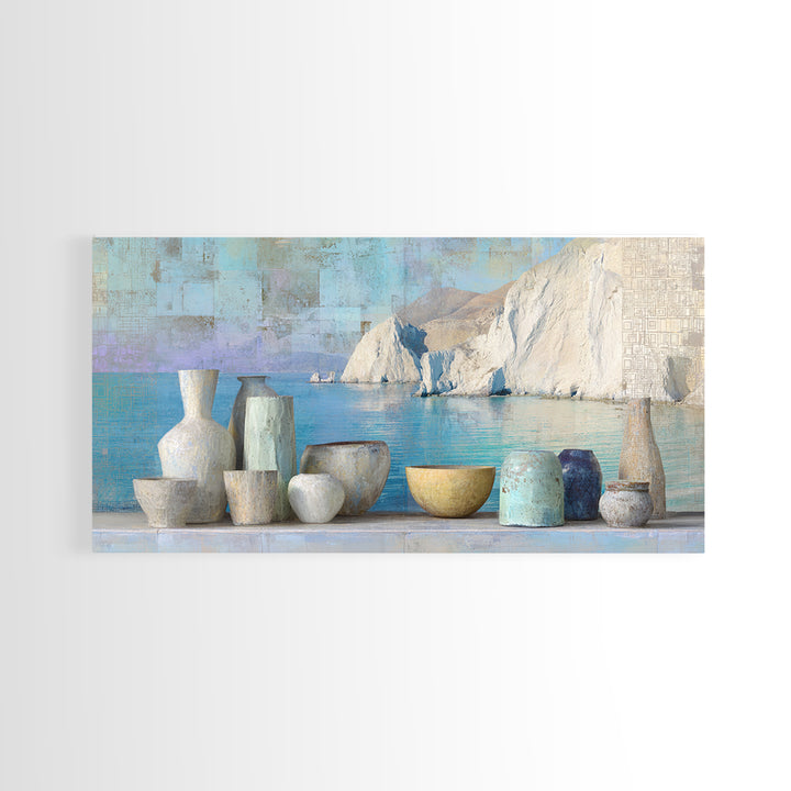 Coastal Cliffs with Sparkling Blue Water Canvas Print, Mediterranean Art, Framed Wall Art, Living Room Decor, Fine Art, Azure, MAR-2x1-64