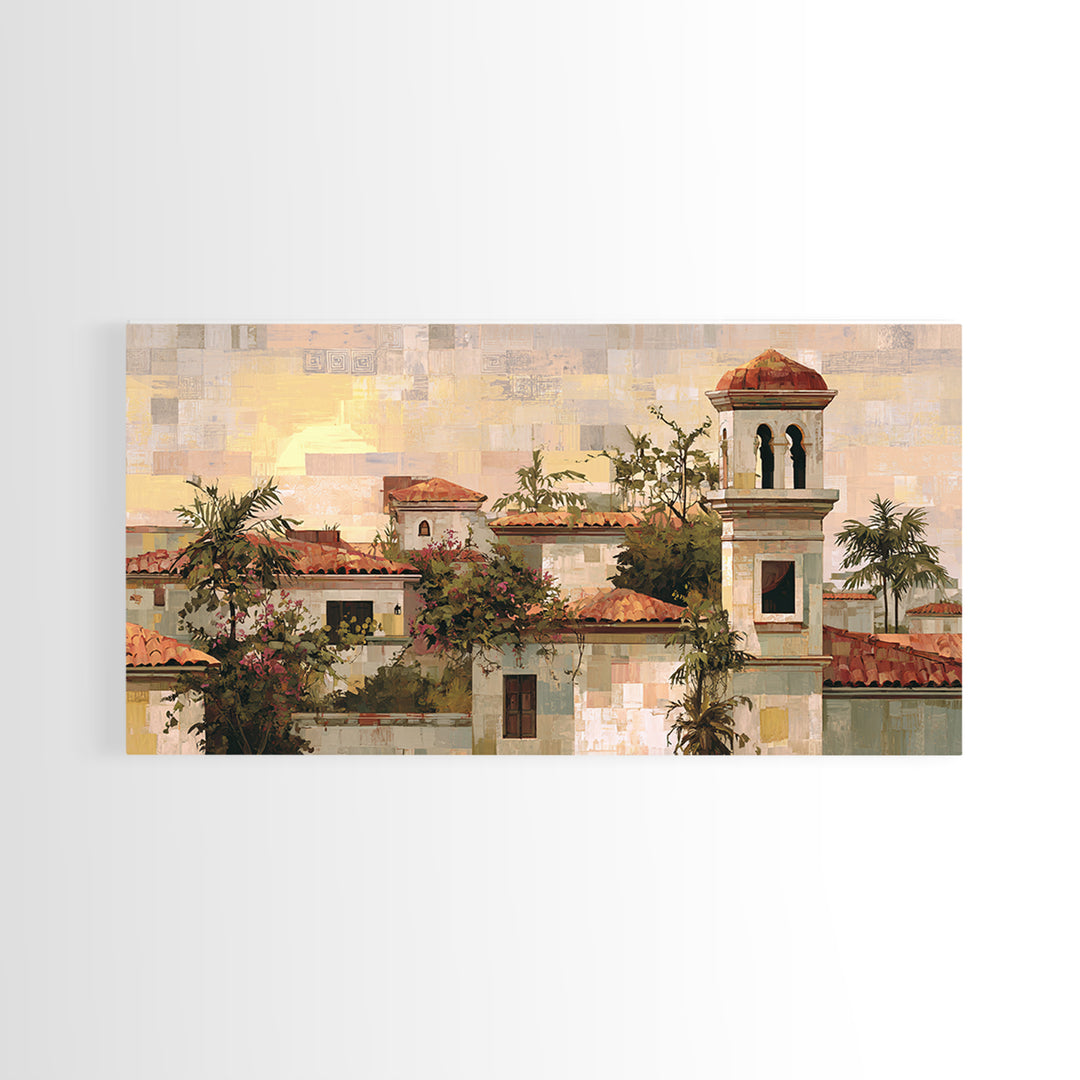 Sunset over Red Tiled Rooftops Framed Canvas Print, Mediterranean Art, Landscape Wall Art, Living Room Decor, Fine Art, Azure, MAR-2x1-67