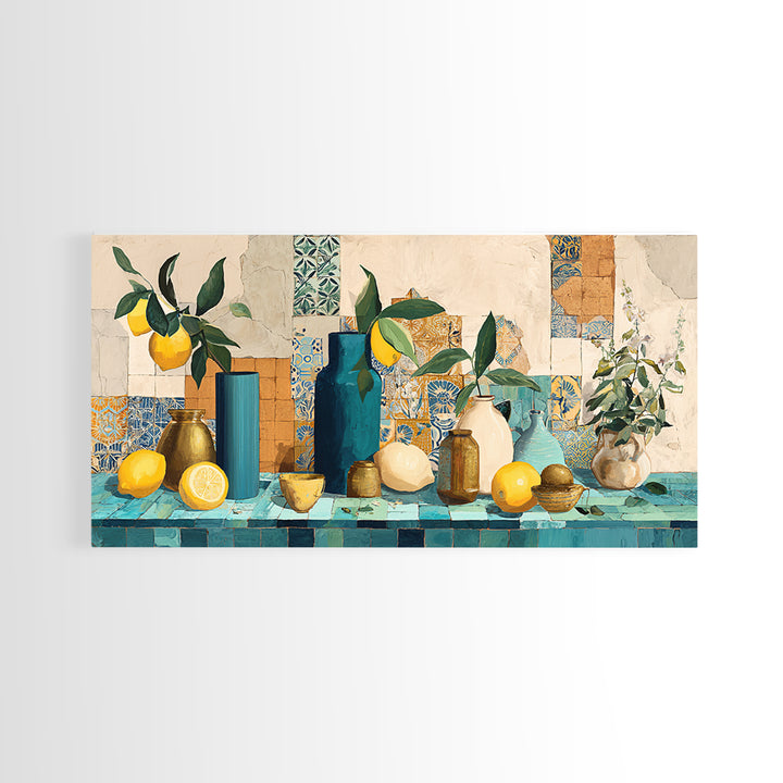 Olive Branch and Lemons on Terracotta Ground Canvas Print, Mediterranean Art, Minimalist Decor, Living Room Decor, Oil Painting, MAR-2x1-70