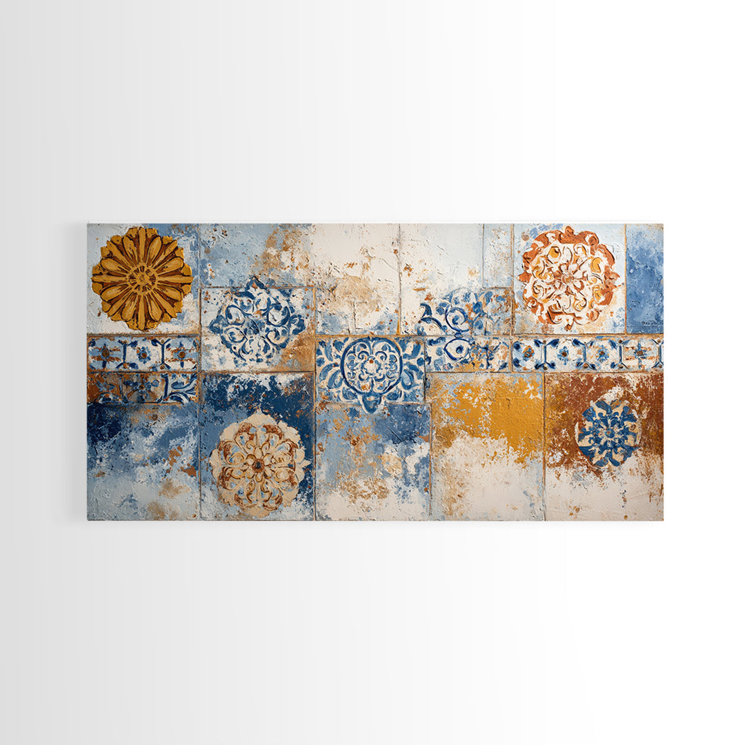 Blue and White Tile Pattern Framed Canvas Print, Mediterranean Art, Printable Art, Living Room Decor, Fine Art, Azure, MAR-2x1-72