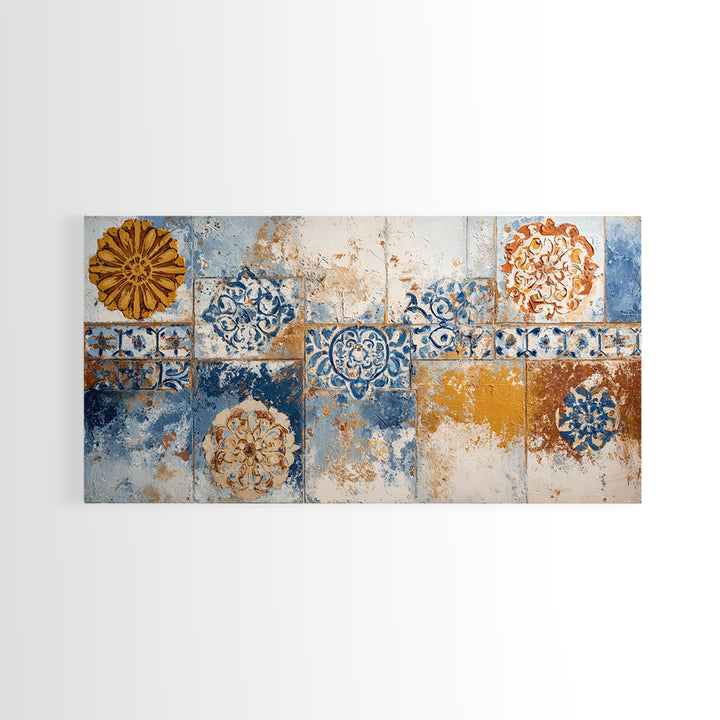 Blue and White Tile Pattern Framed Canvas Print, Mediterranean Art, Printable Art, Living Room Decor, Fine Art, Azure, MAR-2x1-72
