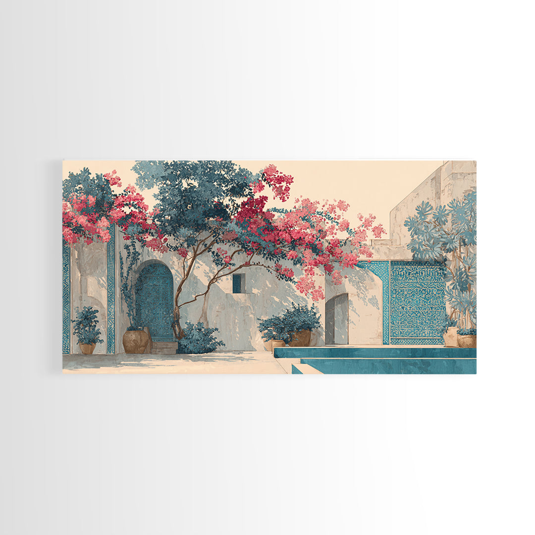Bougainvillea Cascading over Stone Wall Canvas Print, Mediterranean Art, Home Decor, Living Room Decor, Fine Art, Azure, MAR-2x1-73