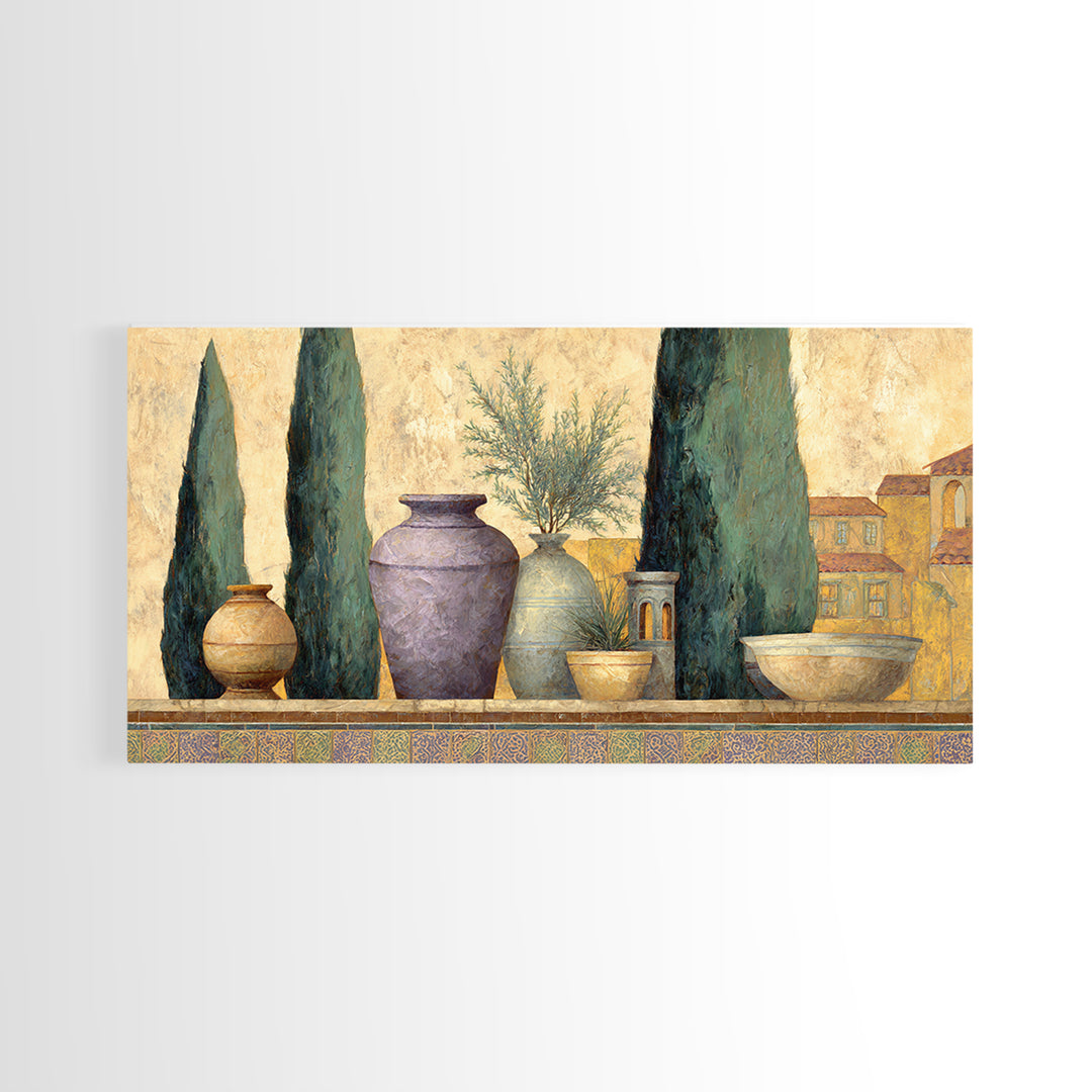 Tuscan Cypress Trees and Golden Hillside Canvas Print, Mediterranean Art, Living Room Decor, Watercolor Art, Azure, MAR-2x1-74