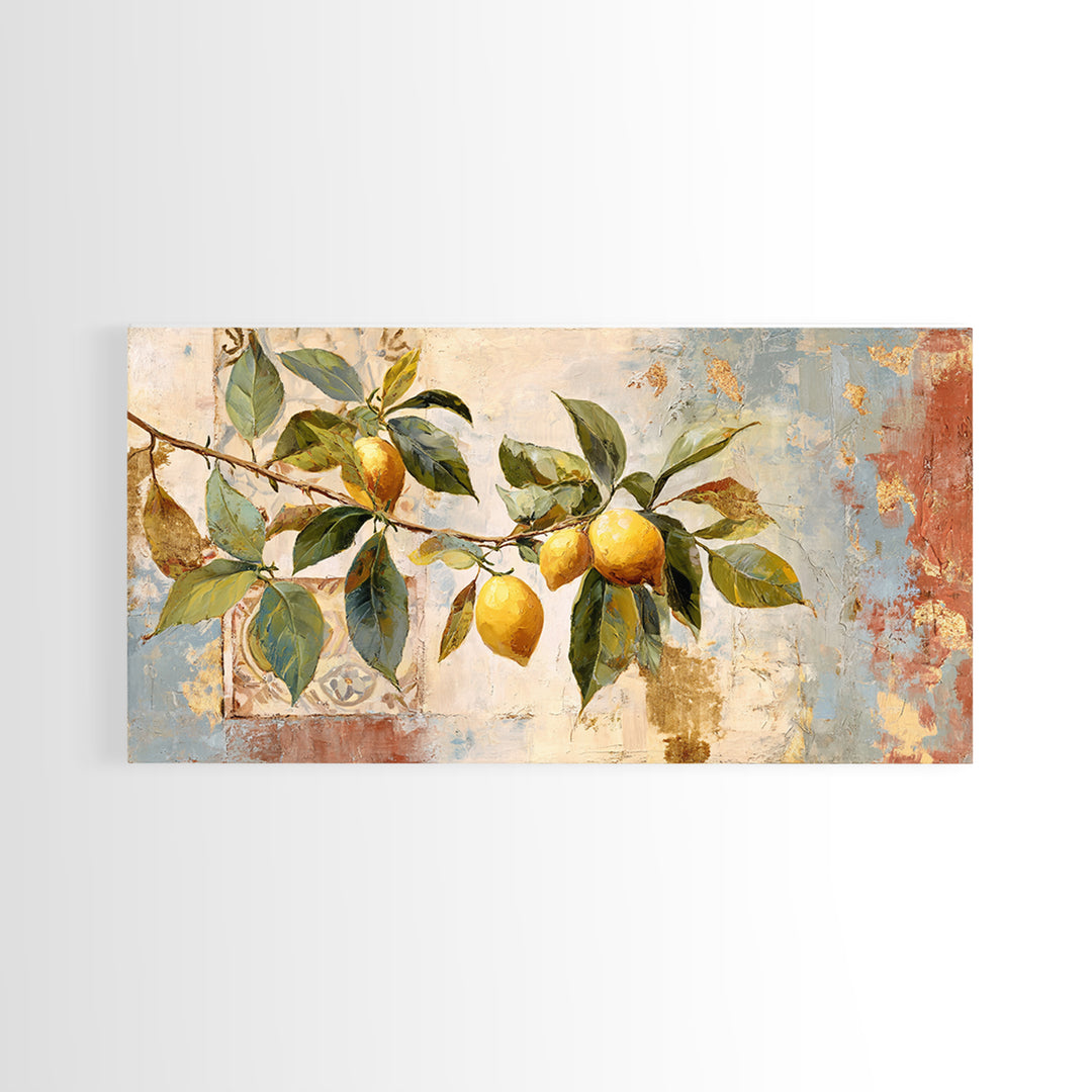 Sicilian Lemon Branch on Ivory Background Framed Canvas Print, Mediterranean Art, Original Painting, Living Room Decor, Azure, MAR-2x1-81
