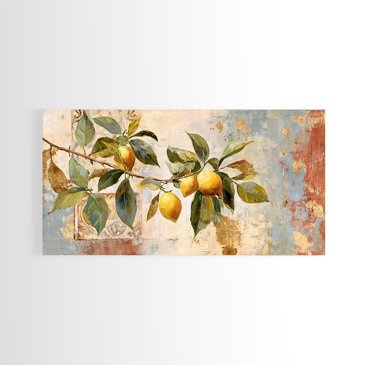 Sicilian Lemon Branch on Ivory Background Framed Canvas Print, Mediterranean Art, Original Painting, Living Room Decor, Azure, MAR-2x1-81