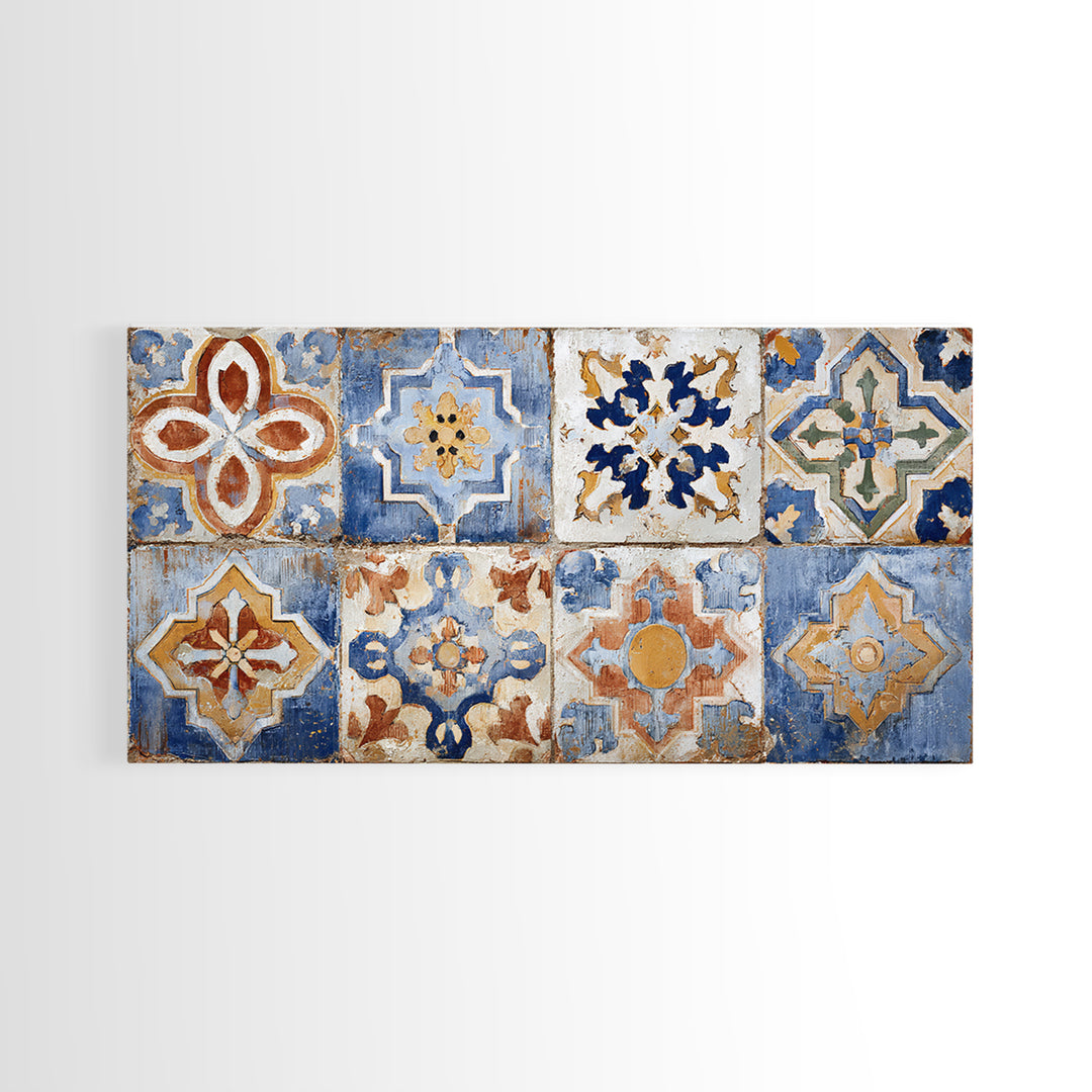Spanish Tile Ornament Framed Canvas Print, Mediterranean Art, Coastal Wall Art, Living Room Decor, Azure, Living Room Art, MAR-2x1-84